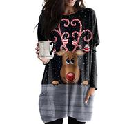 OMZIN Frauen Weihnachts Langarm Weihnachten Sweatshirt Rundhalsausschnitt Xmas Print Pullover Übergroße Lange Bluse T-Shirt Schwarzer Elch XL