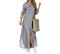 OMZIN Langes Maxi T Shirt Für Damen Lockeres Boyfriend Knopf Down Langarm Split Kleid Grau L