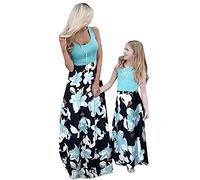OMZIN Mother and Daughter Dresses Set Sleeveless Round Neck A-Line Dress Maxi Long Dress Summer Dresses Mother and Daughter Floral Dresses Grüne Blume 3-4 Jahre