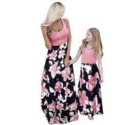 OMZIN Mother and Daughter Dresses Set Sleeveless Round Neck A-Line Dress Maxi Long Dress Summer Dresses Mother and Daughter Floral Dresses Rote Blume M