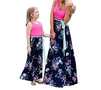 OMZIN Mutter Und Tochter Kleid Baby Kleidung Partnerlook Mutter Tochter Familien Kleidung Mama und Kinder Mädchen Kleid Sommerkleid Rosa Blumen L