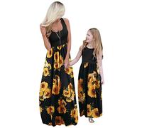 OMZIN Ostern Mommy and Me Maxikleid Floral Print Tank Family Matching Dress Empire Waist Sleeveless Round Neck Dress Sonnenblume XL