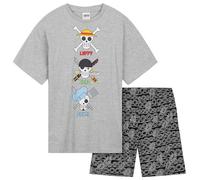 One Piece Kurzer Schlafanzug Jungen, Pyjama Set T-Shirt & Shorts - Anime Merch (Grau/Schwarz, 7-8 Jahre)