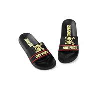 One Piece Schwarze Slider für Jungen | Rot-gelbe Freizeitschuhe Emblem | Anime-inspirierte Outdoor- und Homewear | Bequeme Slider mit flachem Absatz für den täglichen Gebrauch