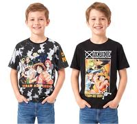 One Piece T-Shirt Jungen 7-14 Jahre, 2er Pack, Weich Kurzarm Baumwolle Shirt, Lässig Sommer Kinder Top, Anime Geschenke für Kinder (9-10 Jahre, Schwarz/Multi One Piece, 2 Pck)