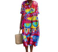 oneforus Damen Freizeitkleid Langusten Rot Hummer Bedruckt V-Ausschnitt Kurzarm Sommer Strand Urlaub Kleider