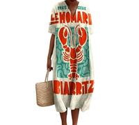 oneforus Damen Freizeitkleid Langusten Rot Hummer Bedruckt V-Ausschnitt Kurzarm Sommer Strand Urlaub Kleider
