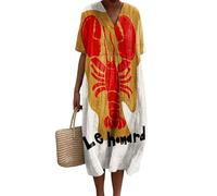 oneforus Damen Freizeitkleid Langusten Rot Hummer Bedruckt V-Ausschnitt Kurzarm Sommer Strand Urlaub Kleider