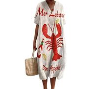 oneforus Damen Freizeitkleid Langusten Rot Hummer Bedruckt V-Ausschnitt Kurzarm Sommer Strand Urlaub Kleider