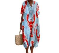 oneforus Damen Freizeitkleid Langusten Rot Hummer Bedruckt V-Ausschnitt Kurzarm Sommer Strand Urlaub Kleider
