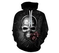 oneforus Herren Hoodie Sweatshirt Distressed Skull and Roses Pattern Pullover mit Kanga-Tasche