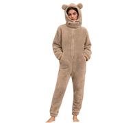 Onesie Damen Kuschelig,Teddy Fleece Einteiler Jumpsuit Damen Flauschig Overall Anzug Plüsch Kapuzen-Strampler als Damen Overall Schlafanzug Weich Pyjama für Kuschelige Wärme im Winter