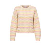 Rundhalspullover ONLY "ONLASA LS SHORT O-NECK CC KNT", Damen, Gr. S, birch stripes:sunlight, romance rose, Strick, Obermaterial: 60% Baumwolle, 40% Polyacryl, gestreift, regular fit hüftlang, Rundhals
