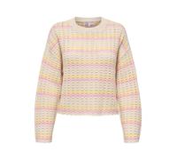 Rundhalspullover ONLY "ONLASA LS SHORT O-NECK CC KNT", Damen, Gr. L, birch stripes:sunlight, romance rose, Strick, Obermaterial: 60% Baumwolle, 40% Polyacryl, gestreift, regular fit hüftlang, Rundhals