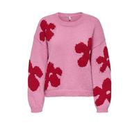 Strickpullover ONLY "ONLBOOTLE LIFE LS FLOWER O-NECK KNT", Damen, Gr. XS, wild rose detail:salsa, Strick, Obermaterial: 100% Polyester, gemustert, regular fit normal, Rundhals, Rippbündchen, Pullover