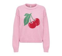 Strickpullover ONLY "ONLELISE LS O-NECK KNT", Damen, Gr. S, pink (romance rose pattern:cherry, barbados rot, grün), Strick, Obermaterial: 59% Polyester, 41% Baumwolle, gemustert, normal, Rundhals, Pul