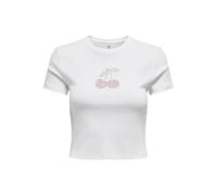 Kurzarmshirt ONLY "ONLKIRA S/S BLING O-NECK SHORT TOP JRS", Damen, Gr. M (38), hellweiß detail:cherry, Jersey, Obermaterial: 100% Baumwolle, bedruckt, modisch, regular fit, Rundhals, Kurzarm, Shirts (