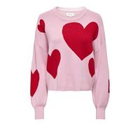 Strickpullover ONLY "ONLMONTANA LS JQ O-NECK CC KNT", Damen, Gr. L, romance rose pattern:barbados cherry quirky hearts, Strick, Obermaterial: 82% Viskose, 18% Nylon, gemustert, regular fit normal, Run