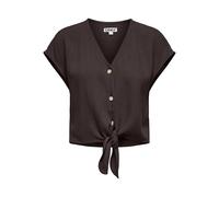 Kurzarmbluse ONLY "ONLSIESTA SS KNOT LIN BL SHIRT PNT NOOS", Damen, Gr. S, schwarz coffee, Web, Obermaterial: 80% Viskose, 20% Leinen, unifarben, regular fit kurz, V-Ausschnitt, Blusen, Viskosemischun