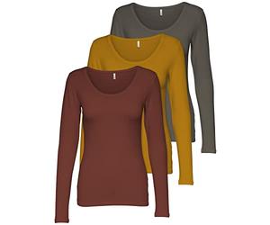 ONLY 3er Pack Damen Langarmshirt schwarz und weiß Langarm Basic Longsleeve Sommer aus 95% Baumwolle XS S M L XL 15209156