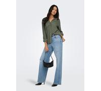 Hemdbluse ONLY "ONLGOA 3/4 STRAP LINEN BL SHIRT CC PNT", Damen, Gr. XS, smokey olive, Web, Obermaterial: 70% Viskose, 30% Leinen, unifarben, loose fit Po-bedeckend, Blusen Hemdbluse, mit Leinen, umsch