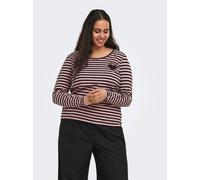 Langarmshirt ONLY CARMAKOMA "CARBODIL L/S O-NECK BLOUSE JRS", Damen, Gr. M, coffee bean stripes:pale lila with emb. heart, Jersey, Obermaterial: 63% Polyester, 33% Baumwolle, 4% Elasthan, gestreift, f