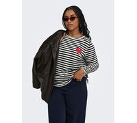 ONLY CARMAKOMA "CARBODIL L/S O-NECK BLOUSE JRS" Materialmix, slim fit (43700951-S) schwarz stripes:cloud dancer with rot emb heart