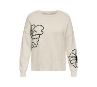 Rundhalspullover ONLY CARMAKOMA "CARPETRA LS FLOWER EMB O-NECK CC KNT", Damen, Gr. L, birch detail:schwarz, Strick, Obermaterial: 50% Baumwolle, 50% Polyacryl, unifarben mit Farbeinsatz, normal, Rundh