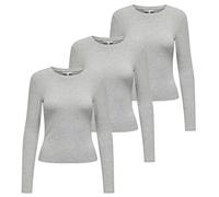 ONLY Damen Langarmshirt 3er Pack - ONLRILEY O-NECK TOP, Longsleeve, Rundhals, Cotton Stretch Grau XS