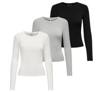 ONLY Damen Langarmshirt 3er Pack - ONLRILEY O-NECK TOP, Longsleeve, Rundhals, Cotton Stretch Schwarz/Ecru/Grau XL