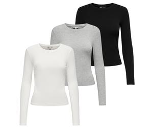 ONLY Damen Langarmshirt 3er Pack - ONLRILEY O-NECK TOP, Longsleeve, Rundhals, Cotton Stretch Schwarz/Ecru/Grau / L L Weiß