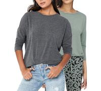 ONLY Damen Langarmshirt Basic, 3/4-Arm-Shirt, Langarm-T-Shirt mit Rundhalsausschnitt, locker und leger anliegend, meliert, Stretch (S, Doppelpack ChinoisGreen+Darkgrey.)