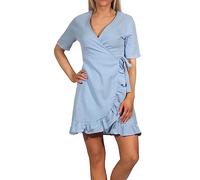 ONLY Damen Musselin Wickel Kleid ONLThyra Wrap Sommerkleid 15297312 Blue Blizzard L