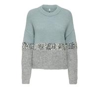 Rundhalspullover ONLY "ONLMAINE LIFE LS SEQUIN BLOCK O-NECK KNT", Damen, Gr. S, arona detail:sliver sequins, light grau mel, Strick, Obermaterial: 70% Polyester, 21% Nylon, 8% Wolle, 1% Elasthan, colo