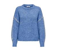 Rundhalspullover JDY "JDYZOEY LIFE L/S ON STITCH PULL KNT NOOS", Damen, Gr. S, blau (ebb and flow detail:with birch stitch), Strick, Obermaterial: 70% Polyester, 21% Nylon, 8% Wolle, 1% Elasthan, unif