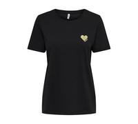 Only T-Shirt ONLKITA Life S/S Logo Top Kurzarm 100% Baumwolle Schwarz Gold-Glitzer-Herz XL