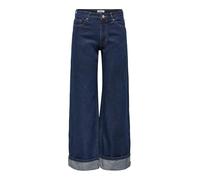 Weite Jeans ONLY "ONLELLA MW WIDE FOLDUP DNM TAI988", Damen, Gr. L (40), Länge 32, blau (dunkelblau denim detail:rinse), Denim/Jeans, Obermaterial: 100% Baumwolle, unifarben, lang, Jeans, Baumwolle, r