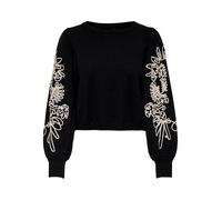 Strickpullover ONLY "ONLMAGNOLIA LS DETAIL PULLOVER KNT NOOS", Damen, Gr. M, schwarz detail:with ecru, Strick, Feinstrick, Obermaterial: 51% Viskose, 26% Polyester, 23% Nylon, bestickt, modisch, taill