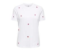 Kurzarmshirt ONLY "ONLKETTY LIFE S/S O-NECK TOP JRS NOOS", Damen, Gr. M, hellweiß aop:strawberry, Jersey, Obermaterial: 100% Baumwolle, bedruckt, regular fit normal, Rundhals, Shirts (21563626-M) hell