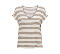 V-Shirt ONLY "ONLLIRA LIFE S/S V-NECK TOP JRS NOOS", Damen, Gr. S (36), mocha meringue stripes:cloud dancer, Single Jersey, Obermaterial: 95% Viskose, 5% Elasthan, gestreift, modisch, regular fit, V-A