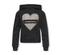 Kapuzensweatshirt KIDS ONLY "KOGCOOPER LIFE HEART LS HOODIE SWT NOOS", Mädchen, Gr. 122/128, schwarz print:amour, leo heart, Sweatware, Obermaterial: 60% Baumwolle, 40% Polyester, bedruckt, modisch, r