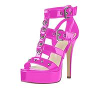 Only maker Damen Gotische Sandalen Punk Sandaletten High Heels T-Riemen Schaftsandalen mit Nieten Schnallen Lack Rosa 38 EU