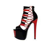 Only maker Damen Plateau Sandaletten High Heels Schaftsandalen Peeptoe Sandalen Stiletto mit Rei?Verschluss Lack Schwarz Rot 37 EU