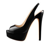 Only maker Damen Plateau Sandaletten Peeptoe Slingback High Heels Lack Sandalen mit Stiletto Absatz Schwarz 39 EU