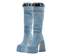 Only maker Damen Plateau Stiefel Blockabsatz Slouchy Boots Schlupfstiefel Eckige Damenstiefel aus Jeans Hellblau 38 EU