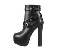 Only maker Damen Plateau Stiefeletten Blockabsatz Warm Gefüttert Ankle Boots Rei?verschluss mit Verzierten Schnallen Lederoptik Schwarz 40 EU