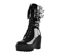 Only maker Damen Plateau Stiefeletten Schnürboots Hablstiefel mit Reßverschluss Zipper Ankle Boots Lack Schwarz 39 EU