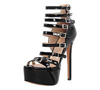 Only maker Damen Riemchensandalen Plateau Sandaletten Stiletto High Heels mit Schnallen Metallic Lackoptik Schwarz 43 EU