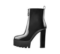 Only maker Damen Stiefeletten Plateau Kurze Stiefel Bequeme Elastische Knöchelstiefel Blockabsatz Reißverschluss Schwarz Lack 40 EU