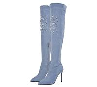 Only maker Damen Stretch Stiefel Spitze Stiletto Overknees aus Denim High Heels Damenstiefel Jeansblau 37 EU